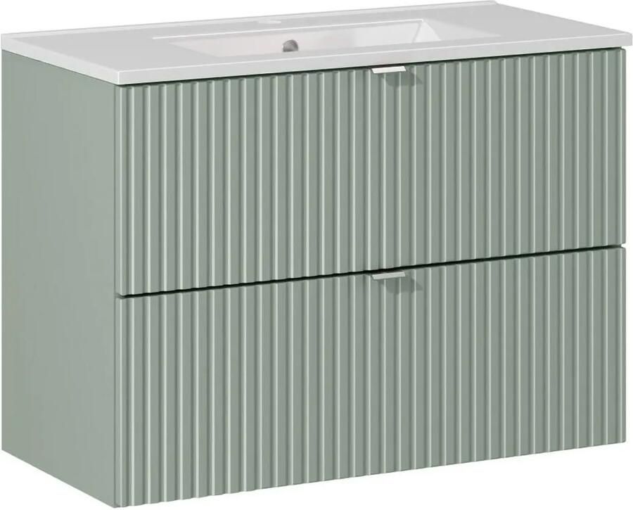 Comad Reed Green badmeubel ribbelfront 80cm met 2 lades en witte wastafel