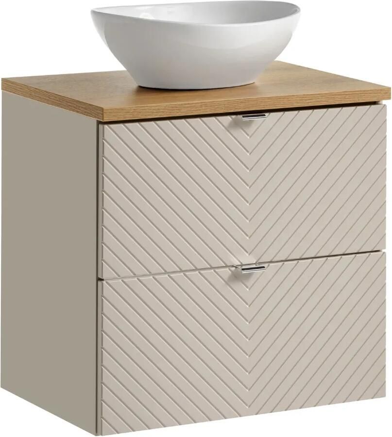 Comad Viva Cashmere badkamermeubel 60cm taupe met eiken toppaneel en glans witte waskom