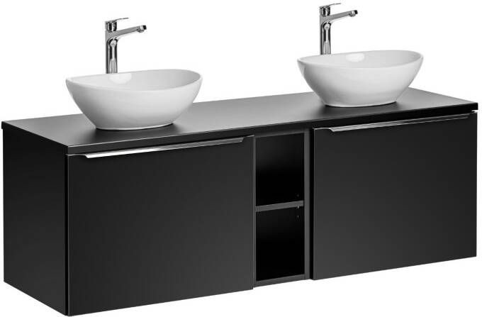 Comad Santa Fe Black badkamermeubel 140cm zwart mat met open kast en 2 glans witte waskommen