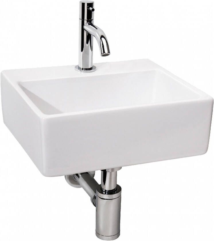 Differnz Wastafelset Hangend Brimo Rechthoek 32x29x12cm Keramiek Wit Chroom Toiletkraan Sifon Plug Bevestigingsset