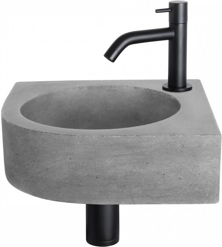 Differnz Cleo fonteinset 31.5x31.5x10cm Kwartrond 1 kraangat Gebogen matte zwarte kraan Beton Grijs 38.401.20