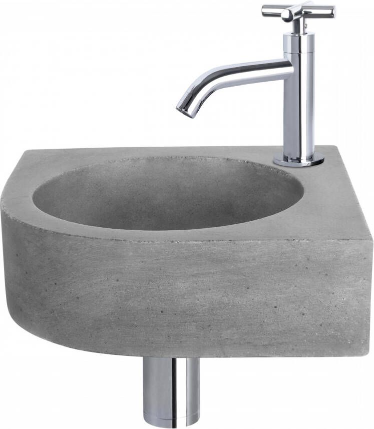 Differnz Cleo fonteinset 31.5x31.5x10cm Kwartrond 1 kraangat Gebogen chromen kraan kruisgreep Beton Grijs 38.401.26