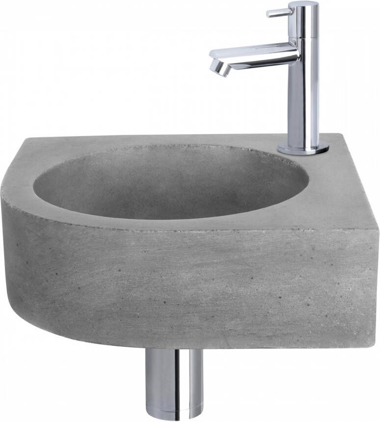 Differnz Cleo fonteinset 31.5x31.5x10cm Kwartrond 1 kraangat Recht chromen kraan Beton Grijs 38.401.24