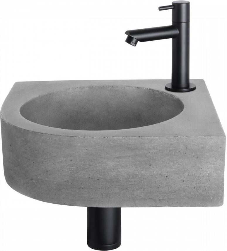 Differnz Cleo fonteinset 31.5x31.5x10cm Kwartrond 1 kraangat Recht matte zwarte kraan Beton Grijs 38.401.21