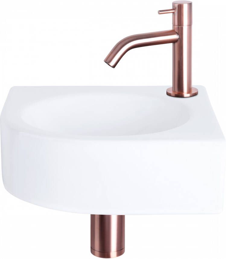 Differnz Cleo fonteinset 30x30x10cm Kwartrond 1 kraangat Gebogen rose koper kraan Keramiek Wit 38.401.15