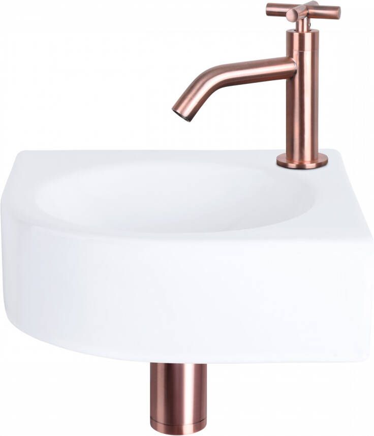 Differnz Cleo fonteinset 30x30x10cm Kwartrond 1 kraangat Gebogen rose koper kraan kruisgreep Keramiek Wit 38.401.17