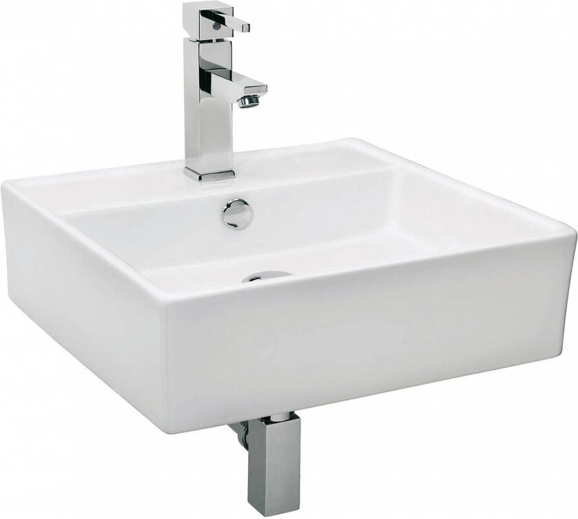 Differnz Wastafelset Hangend Dione Vierkant 47.5x47.5x16cm Keramiek Wit Chroom Toiletkraan Sifon Plug Bevestigingsset