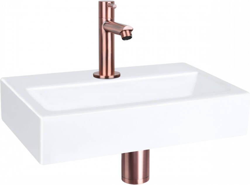 Differnz Flat fonteinset 38x24x8cm Rechthoek 1 kraangat Recht rose koperen kraan Keramiek Wit 38.400.08
