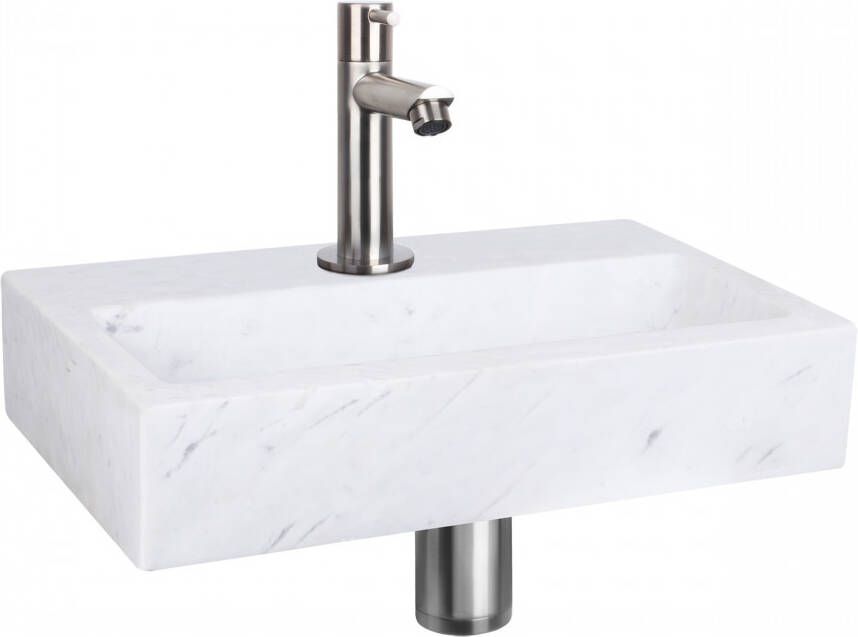 Differnz Flat fonteinset 38x24x8cm Rechthoek 1 kraangat Recht matte chromen kraan Marmer Wit 38.400.27