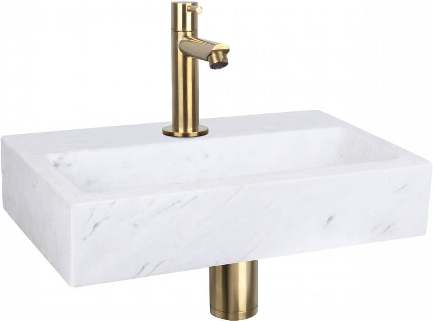 Differnz Flat fonteinset 38x24x8cm Rechthoek 1 kraangat Recht matte goude kraan Marmer Wit 38.400.35