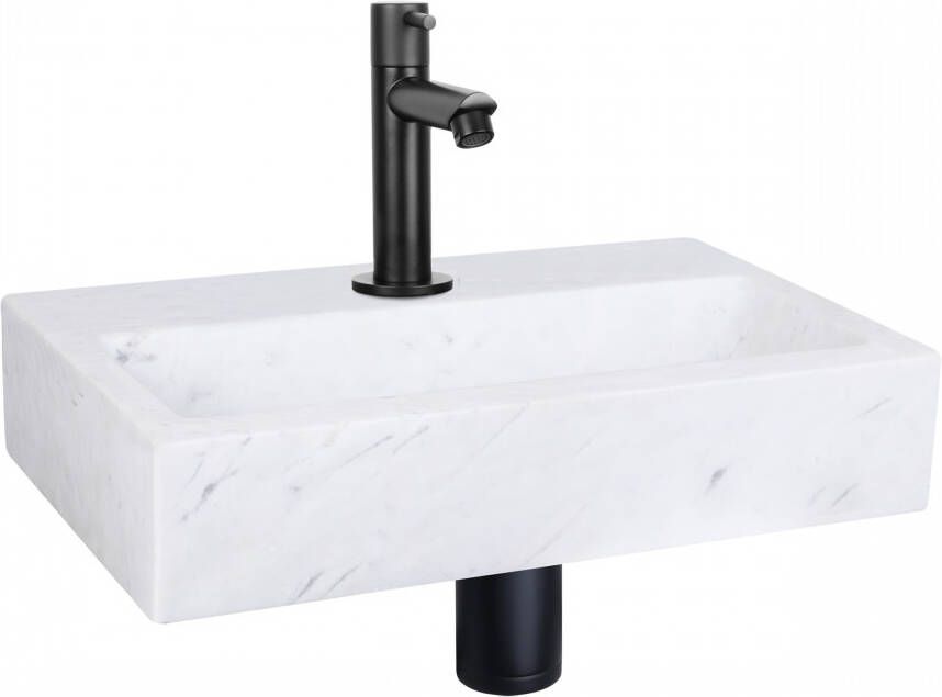 Differnz Flat fonteinset 38x24x8cm Rechthoek 1 kraangat Recht matte zwarte kraan Marmer Wit 38.400.25