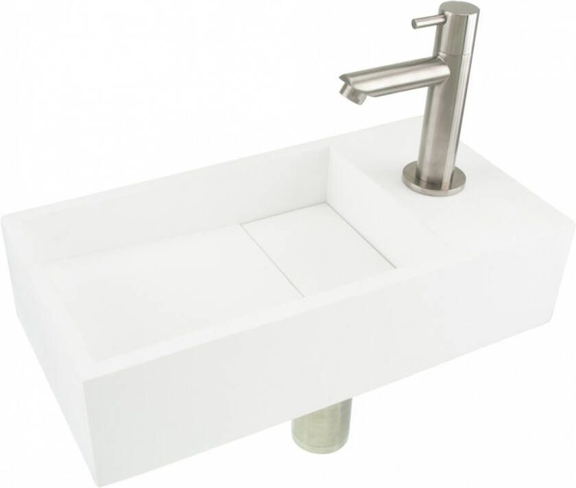 Differnz fonteinset met mat witte solid surface fontein en mat verchroomde kraan