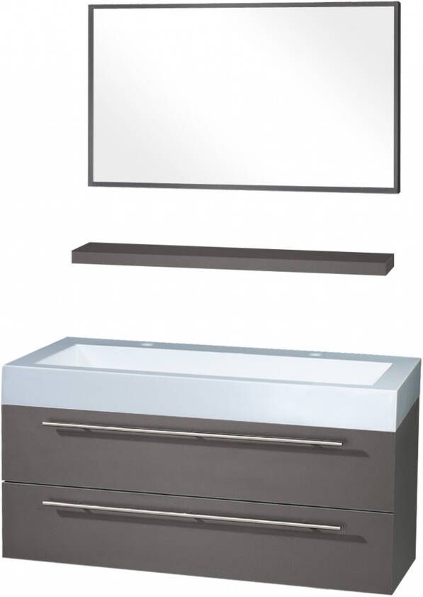 Differnz Force badmeubelset met spiegel planchet en wastafel met 2 kraangaten 100 x 48 cm antraciet