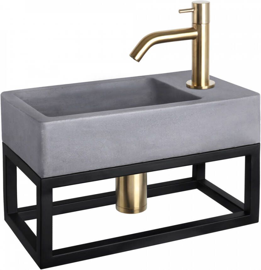 Differnz Force fonteinset 40x22x8cm Rechthoek 1 kraangat Gebogen matte goude kraan met zwart frame Beton Grijs 38.401.78
