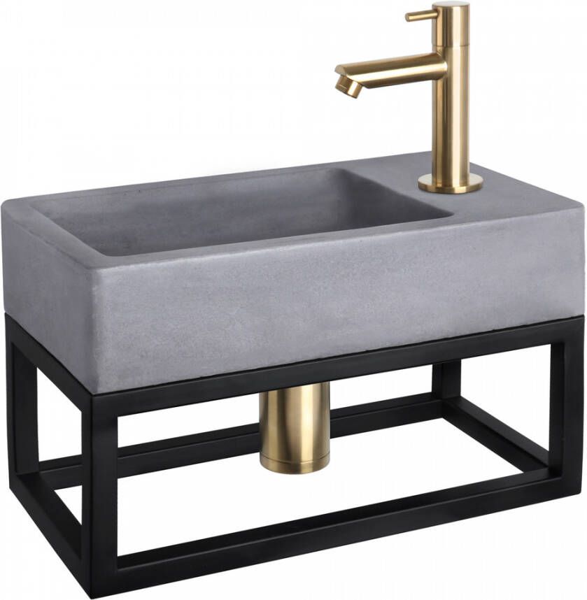 Differnz Force fonteinset 40x22x8cm Rechthoek 1 kraangat Recht matte goude kraan met zwart frame Beton Grijs 38.401.79