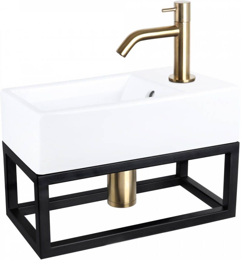 Differnz Force fonteinset 40x22x11.5cm Rechthoek 1 kraangat Gebogen matte goude kraan met zwart frame Keramiek Wit 38.401.66
