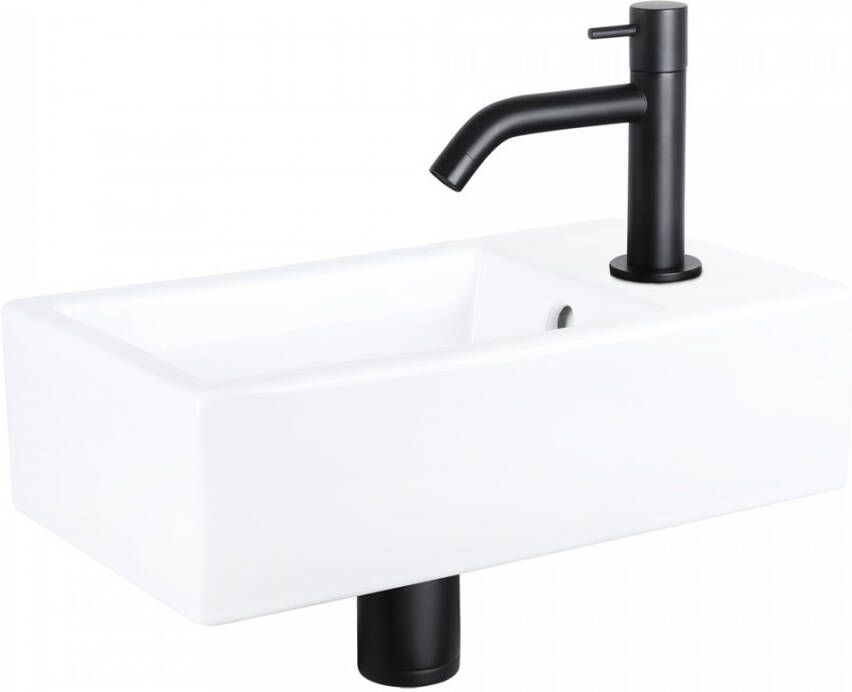 Differnz Force fonteinset 40x22x11.5cm Rechthoek 1 kraangat Gebogen matte zwarte kraan Keramiek Wit 38.400.48
