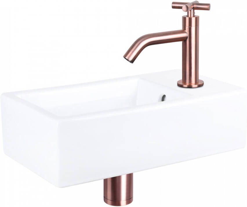 Differnz Force fonteinset 40x22x11.5cm Rechthoek 1 kraangat Gebogen rose koper kraan kruisgreep Keramiek Wit 38.400.57