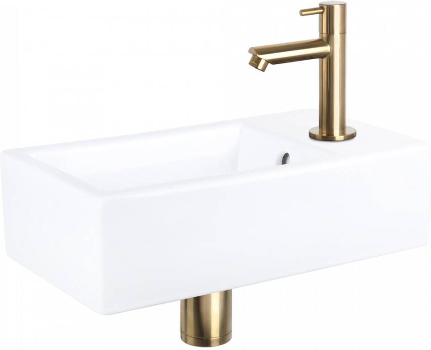Differnz Fonteinset Force Rechthoek 40x22x11.5cm Keramiek Wit Recht Toiletkraan Clickwaste Sifon Geborsteld Goud