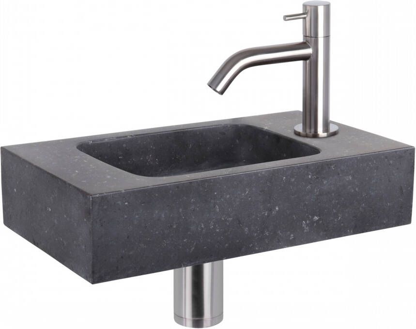 Differnz Force fonteinset 40x22x9cm Rechthoek 1 kraangat Gebogen matte chromen kraan Natuursteen Zwart 38.400.38