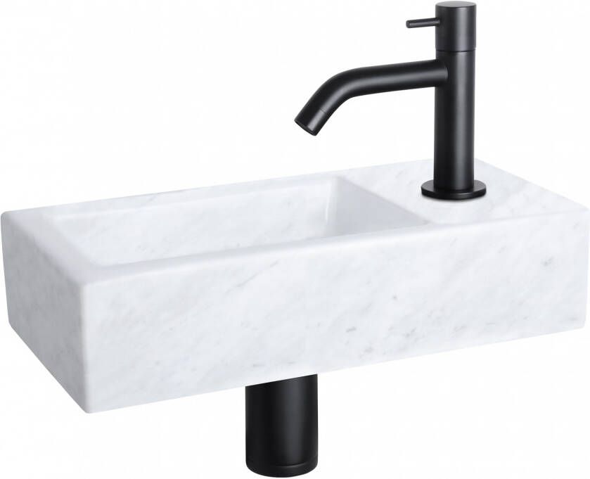 Differnz Helios fonteinset 37.5x18.5x9.5cm Rechthoek 1 kraangat Gebogen matte zwarte kraan Mineraalsteen Marmer 38.401.32
