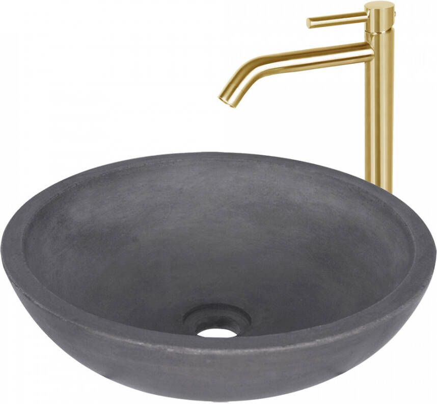 Differnz Ravano Fonteinset Beton donkergrijs hoge kraan gebogen warm koud mat goud 38.404.64
