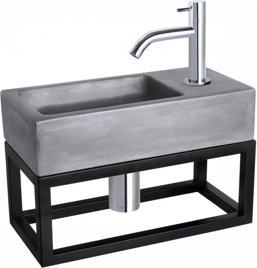 Differnz Ravo Fonteinset 38.5x18.5x25cm 1 kraangat gebogen chrome kraan met sifon en afvoerplug fontein Rechthoek Beton Donker grijs 38.402.09