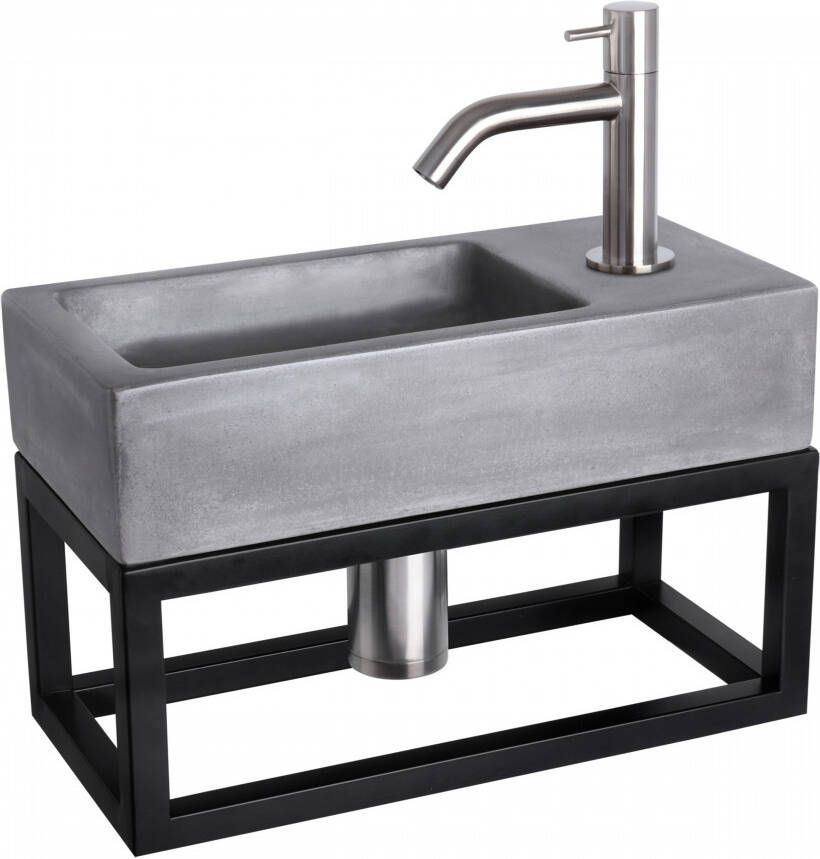 Differnz Ravo fonteinset 38.5x18.5x25cm Rechthoek 1 kraangat Gebogen matte chromen kraan met zwart frame beton donkergrijs 38.402.06