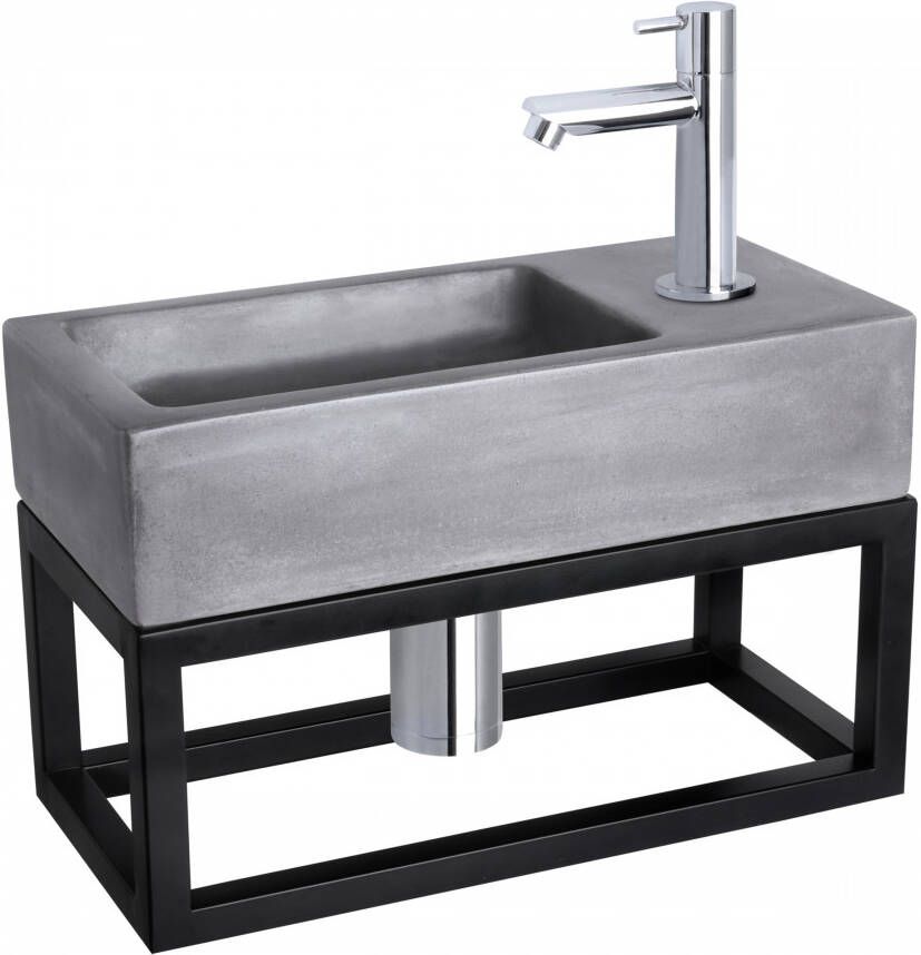 Differnz Ravo fonteinset 38.5x18.5x25cm Rechthoek 1 kraangat Recht chromen kraan met zwart frame beton donkergrijs 38.402.08