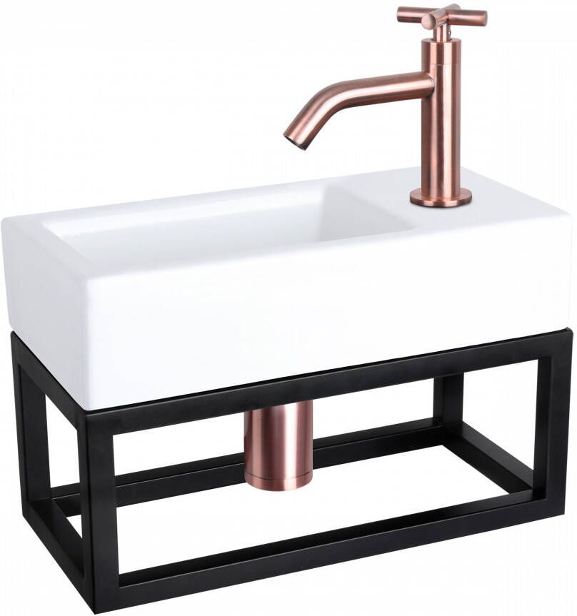 Differnz Ravo fonteinset 38.5x18.5x25cm Rechthoek 1 kraangat Gebogen koperen kraan met zwart frame kruisgreep Keramiek Wit 38.401.89
