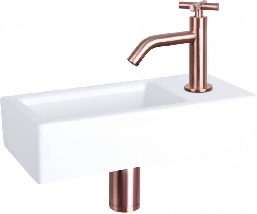 Differnz Ravo fonteinset 38.5x18.5x9.5cm Rechthoek 1 kraangat Gebogen koperen kraan kruisgreep Keramiek Wit 38.400.81