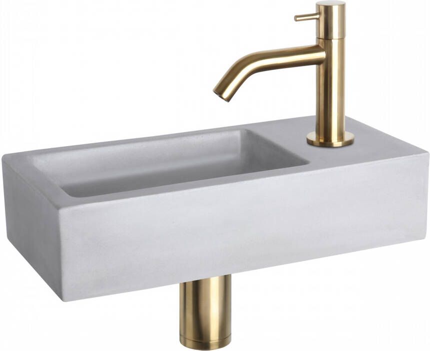 Differnz Ravo fonteinset 38.5x18.5x9cm Rechthoek 1 kraangat Gebogen matte goude kraan beton lichtgrijs 38.005.25