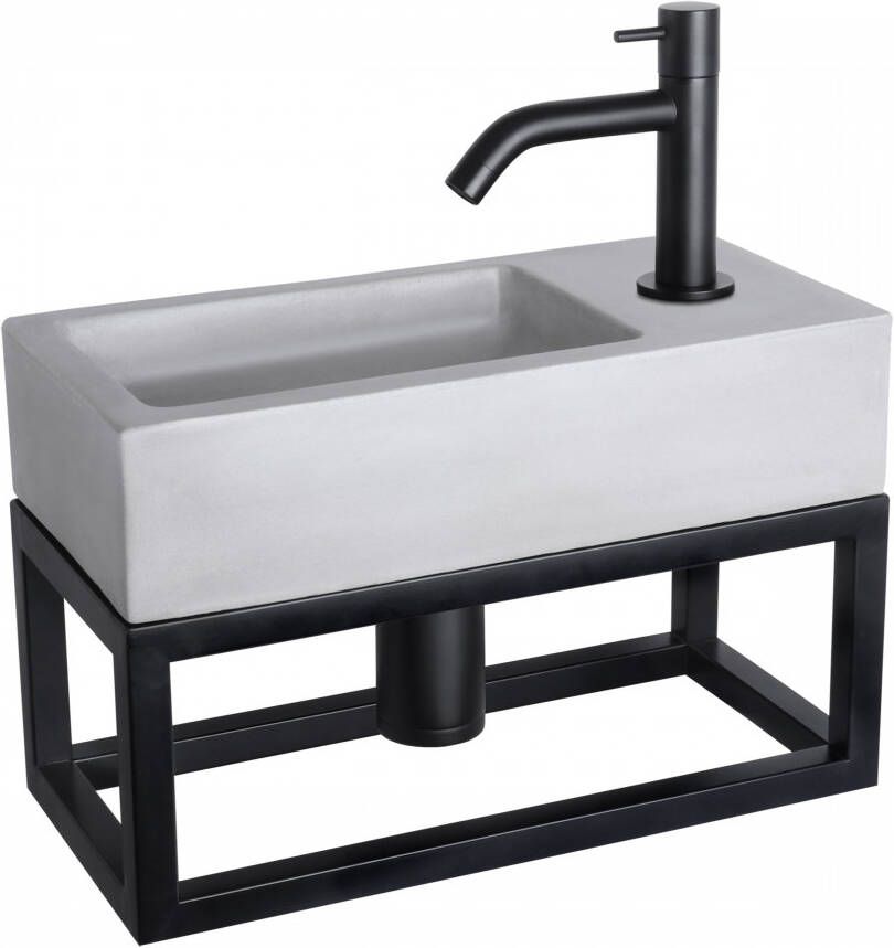 Differnz Ravo fonteinset 38.5x18.5x25cm Rechthoek 1 kraangat Gebogen matte zwarte kraan met zwart frame beton lichtgrijs 38.401.92
