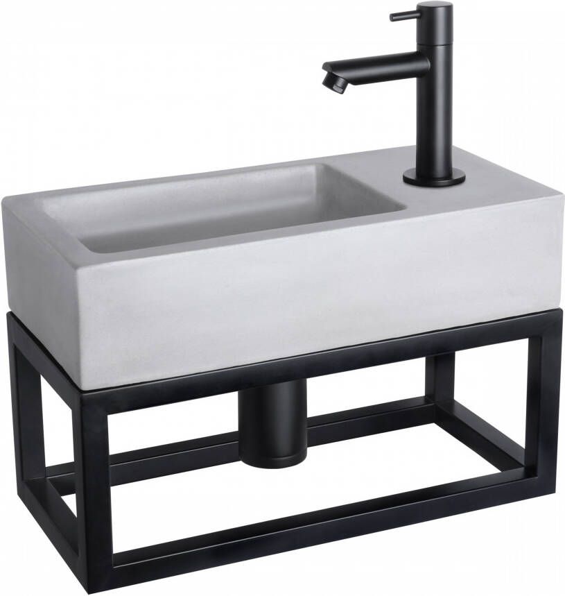 Differnz Ravo fonteinset 38.5x18.5x25cm Rechthoek 1 kraangat Recht matte zwarte kraan met zwart frame beton lichtgrijs 38.401.93