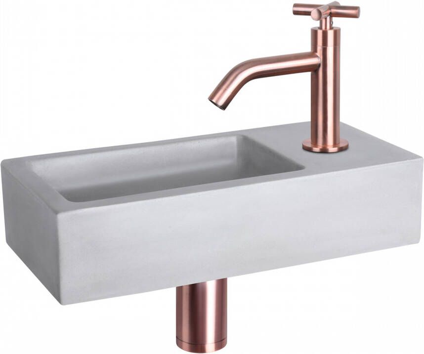Differnz Ravo fonteinset 38.5x18.5x9cm Rechthoek 1 kraangat Gebogen koperen kraan kruisgreep Beton Grijs 38.005.13