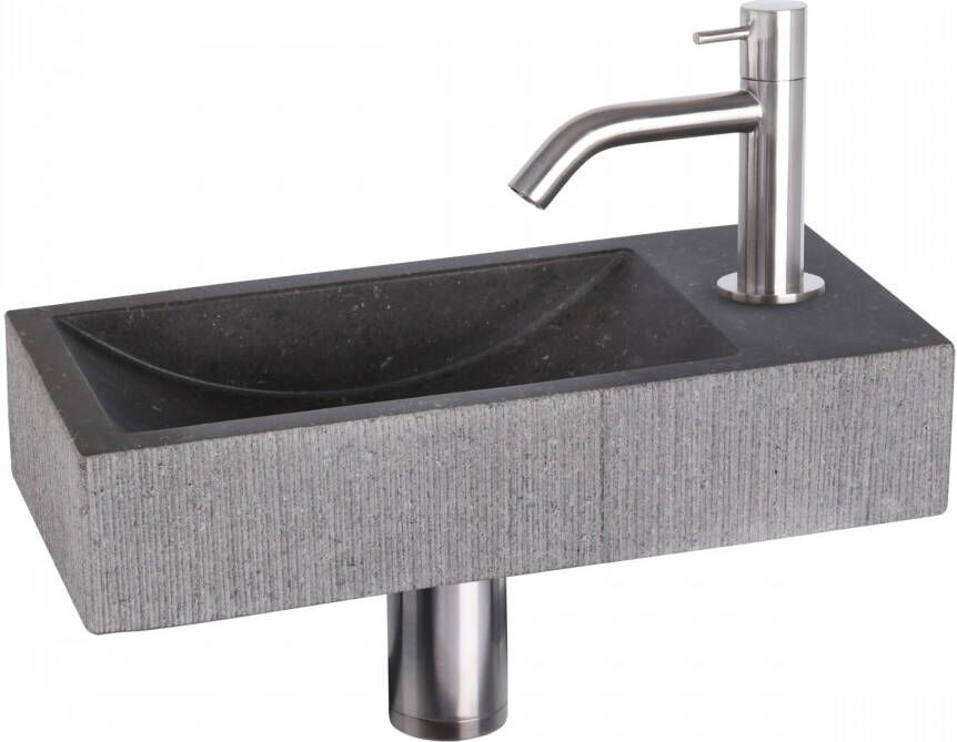 Differnz Ribble fonteinset 38x18x8cm Rechthoek 1 kraangat gebogen chroom matte kraan natuursteen zwart 38.402.18