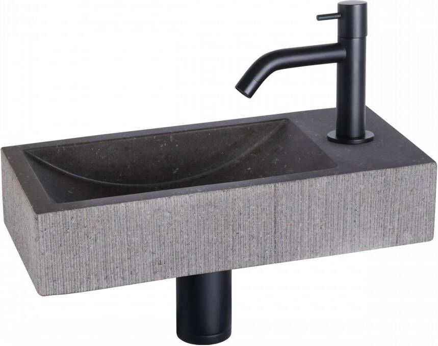 Differnz Ribble fonteinset 38x18x8cm Rechthoek 1 kraangat gebogen zwart matte kraan natuursteen zwart 38.402.16