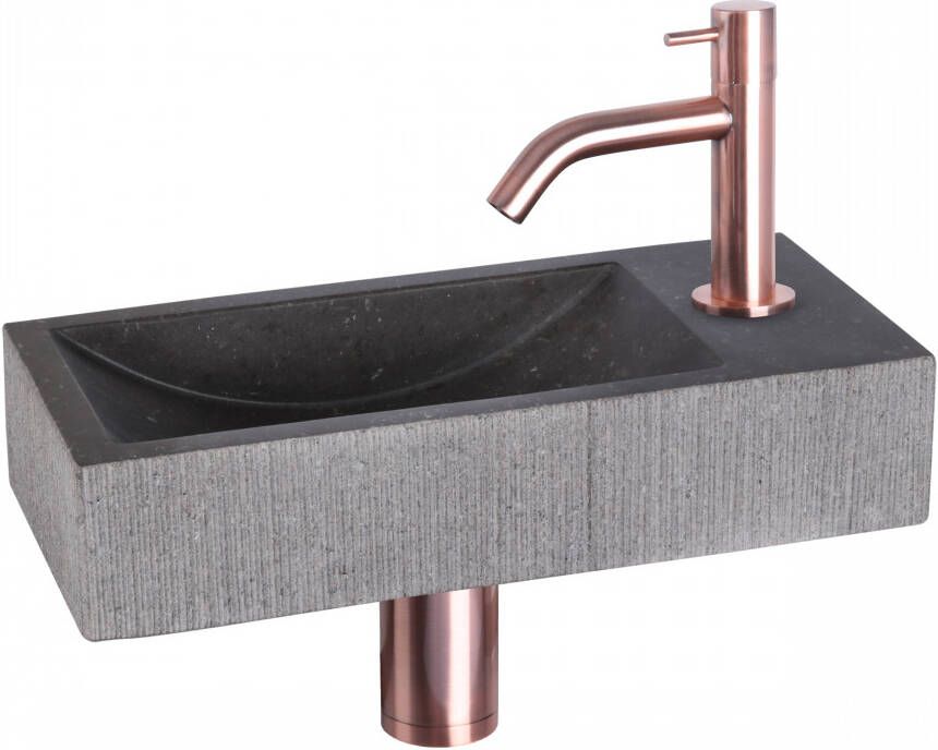 Differnz Ribble fonteinset 38x18x8cm Rechthoek 1 kraangat gebogen koper rose kraan natuursteen zwart 38.402.23