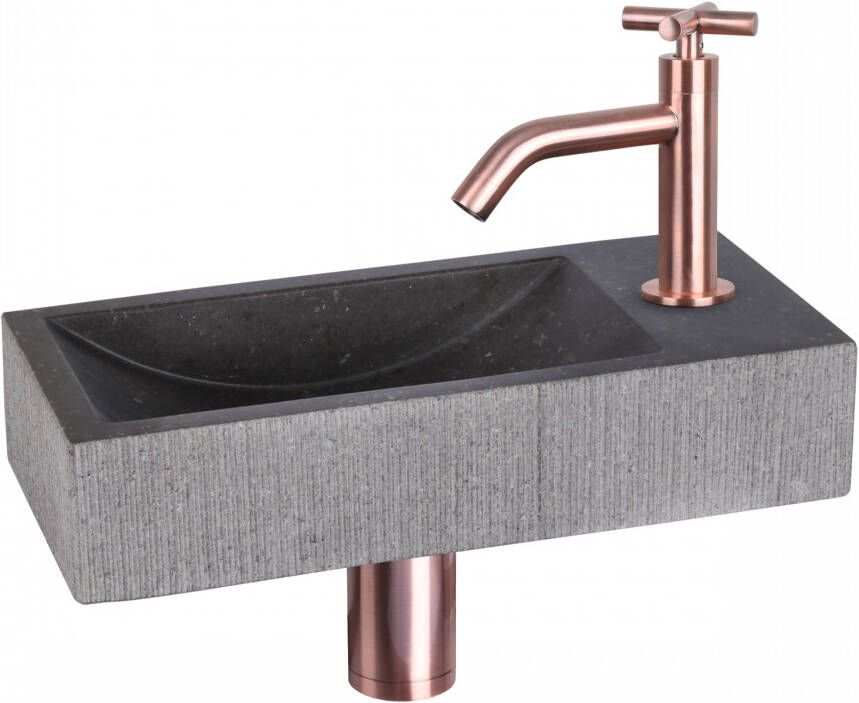 Differnz Ribble fonteinset natuursteen met gebogen kraan met kruishandgreep rood koper 38 x 18 x 8 cm bombai black