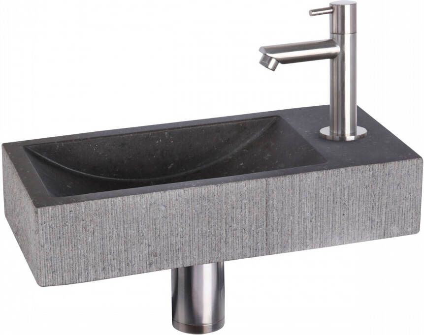 Differnz Ribble fonteinset 38x18x8cm Rechthoek 1 kraangat recht chroom mat kraan natuursteen zwart 38.402.19