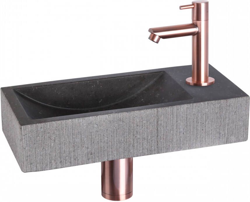 Differnz Ribble fonteinset 38x18x8cm Rechthoek 1 kraangat recht koper rose kraan natuursteen zwart 38.402.24