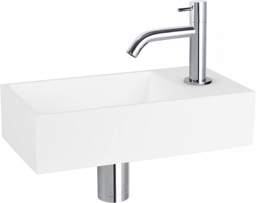 Differnz Solid fonteinset 36x18.5x9cm Rechthoek 1 kraangat Gebogen chromen kraan Solid surface Wit 38.402.33