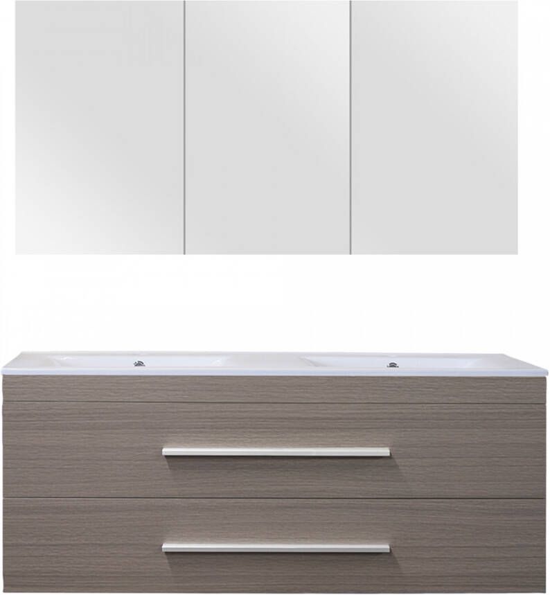 Differnz Style badkamermeubelset 120cm Keramiek wastafelblad met standaard greep met spiegelkast met 2 wasbakken Grijs Eiken 36.701.34