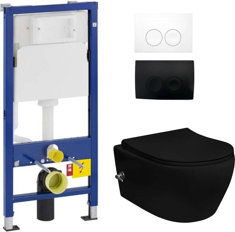Geberit UP100 toiletset met Sanigoods Acora randloos toilet met warm en koud water sproeier mat zwart
