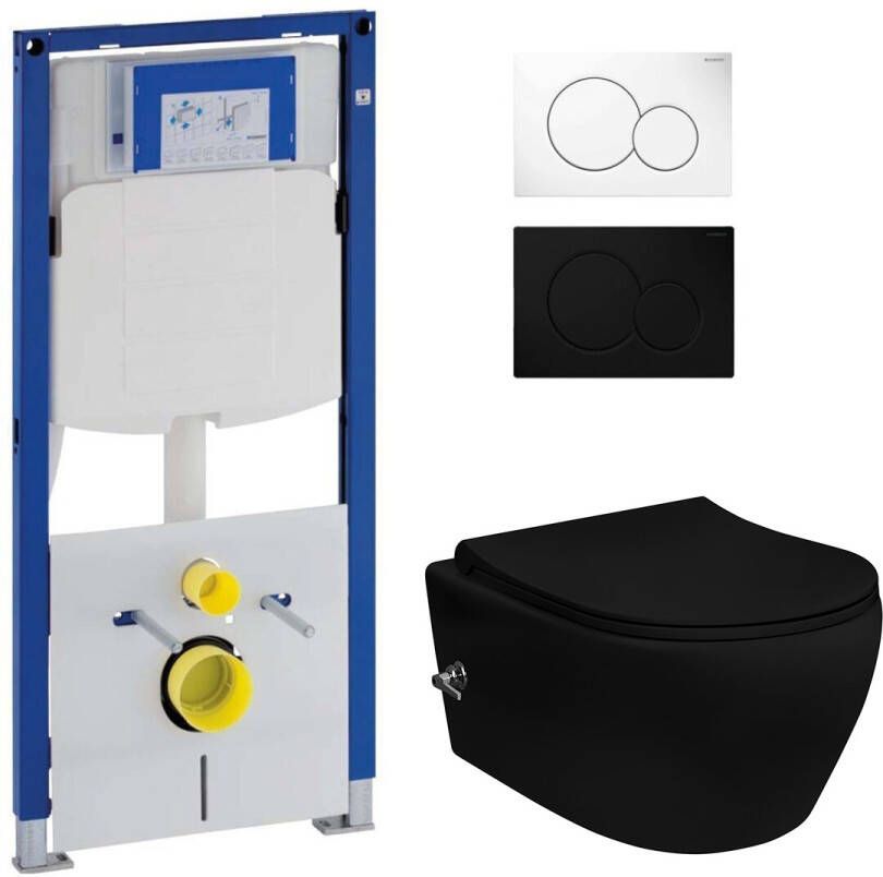 Geberit UP320 toiletset met Sanigoods Acora randloos toilet met warm en koud water sproeier mat zwart