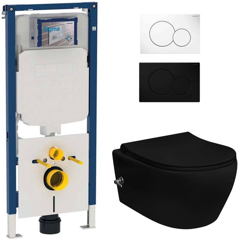 Geberit UP720 toiletset met Sanigoods Acora randloos toilet met warm en koud water sproeier mat zwart