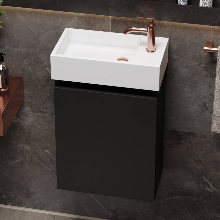 Fontana Alaska toiletmeubel mat zwart 40x22cm met solid surface fontein rechts