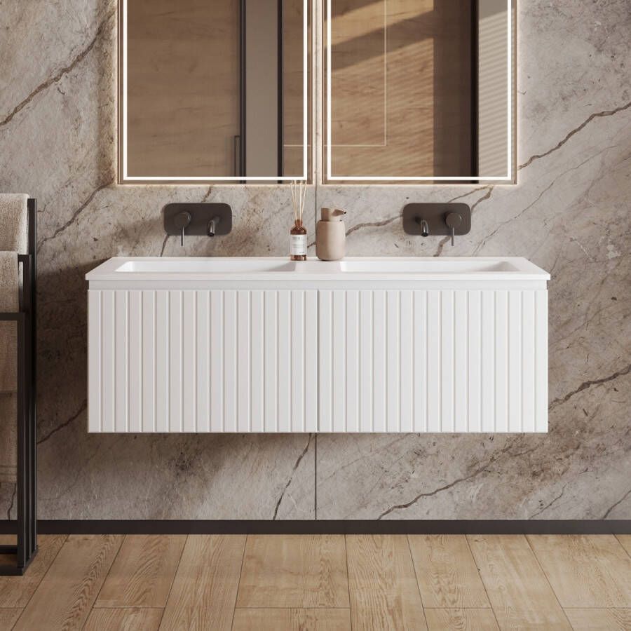 Fontana Astro badmeubel ribbelfront 120cm met dubbele wastafel zonder kraangaten wit mat