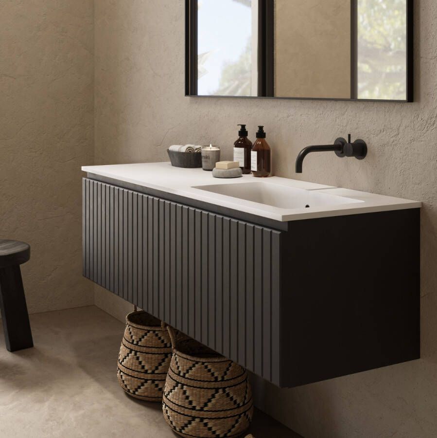 Fontana Astro badmeubel ribbelfront 120cm met wastafel rechts zonder kraangat zwart mat