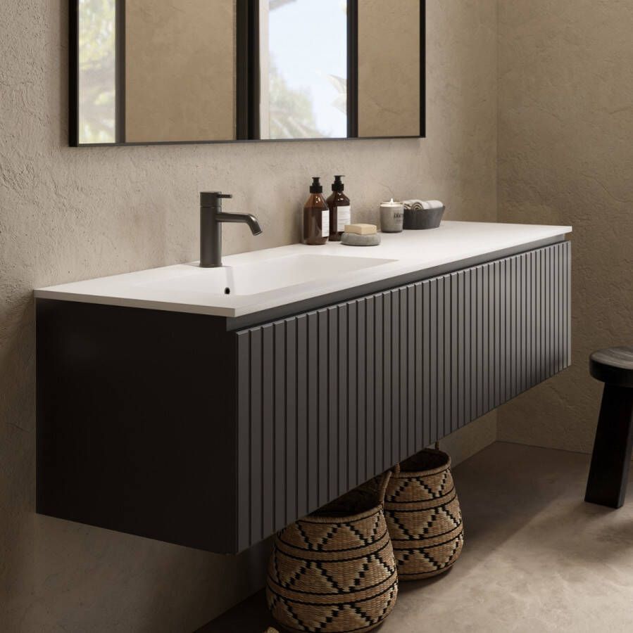 Fontana Astro badmeubel ribbelfront 160cm met wastafel links met kraangat zwart mat